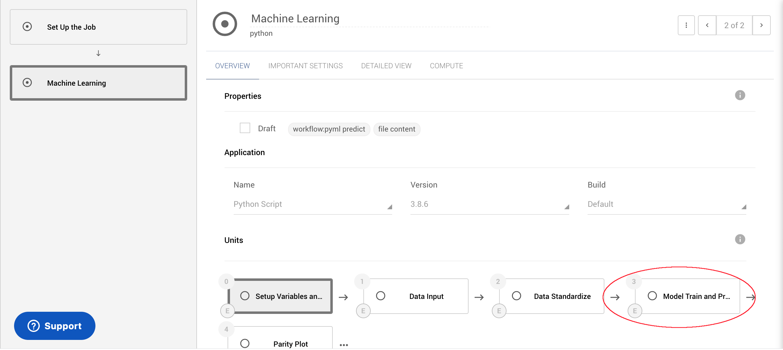 Workflows tab with ml train subworkflow and train unit circled
